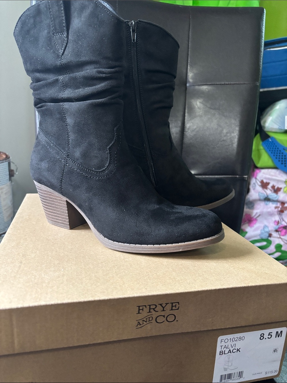 Frye Black Suede Mid-Calf Stacked Heel Boots